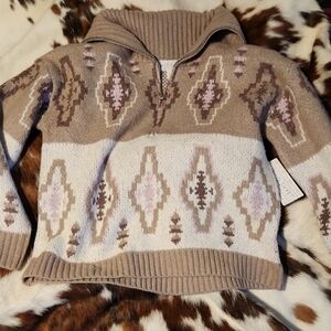 Tan and White Cowl Neck Sweater with Geometric Pattern